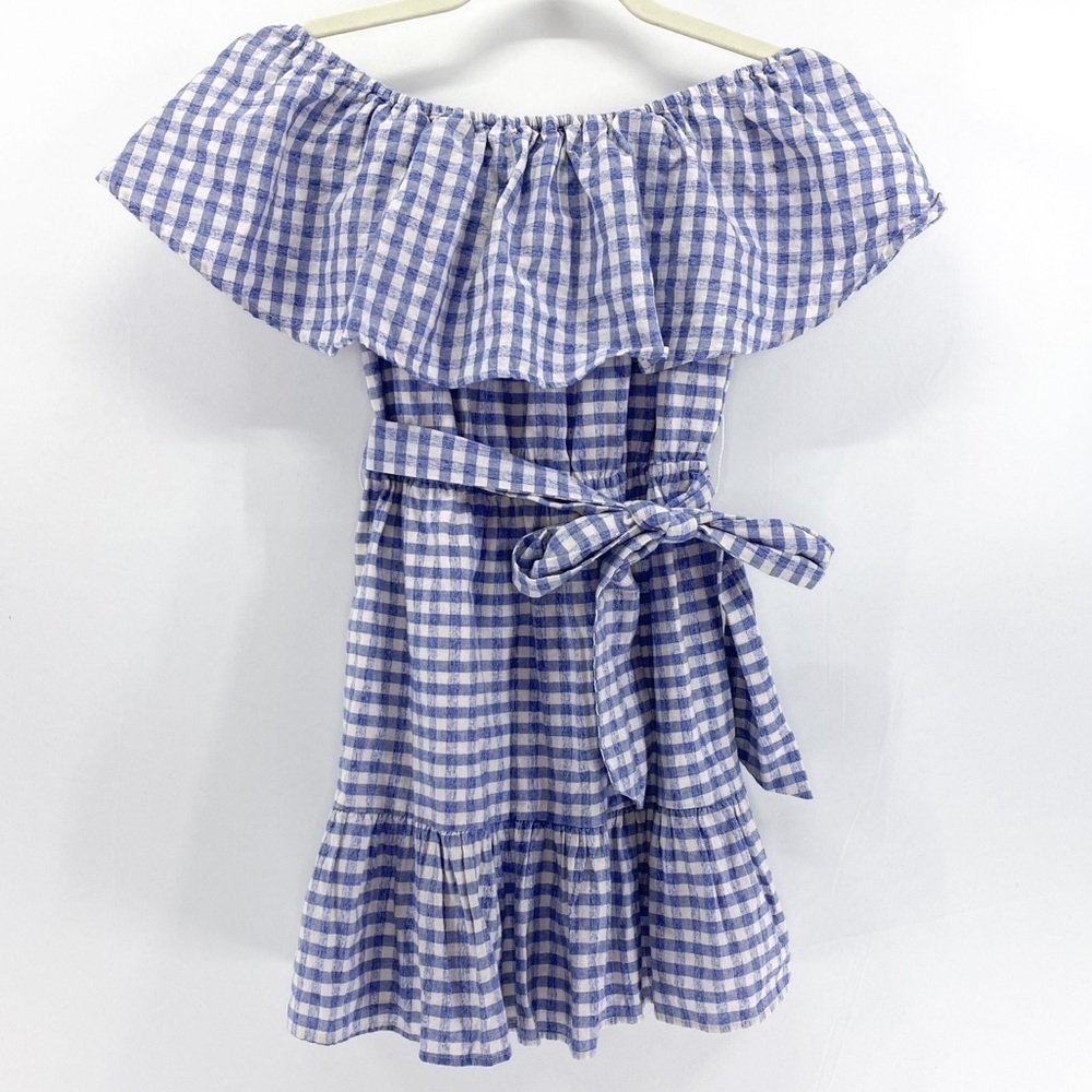 𝅺TULAROSA Blue Gingnam Sallie Mini Dress Off Shoulder Ruffles